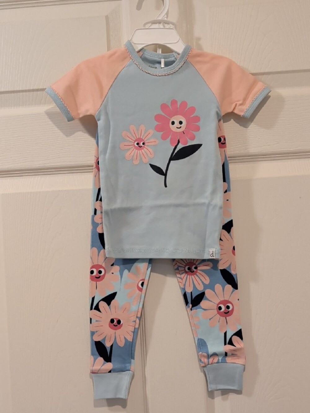 Deux par Deux Baby Girls Cotton Two-Piece Pyjama Set Blue Smiling Flower NWT